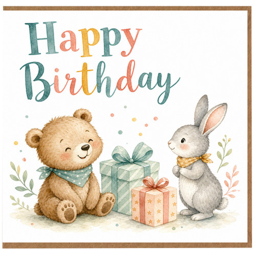 Birthday Card, Cute Teddy Bear and Rabbit Happy Birthday Card