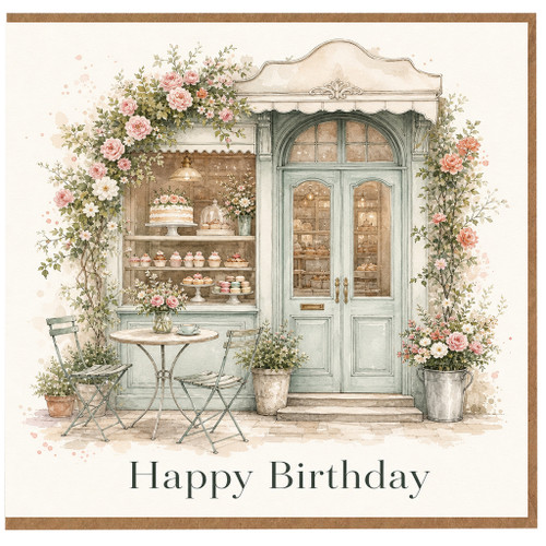 Birthday Card, Floral Pastel Café Shop Front Design