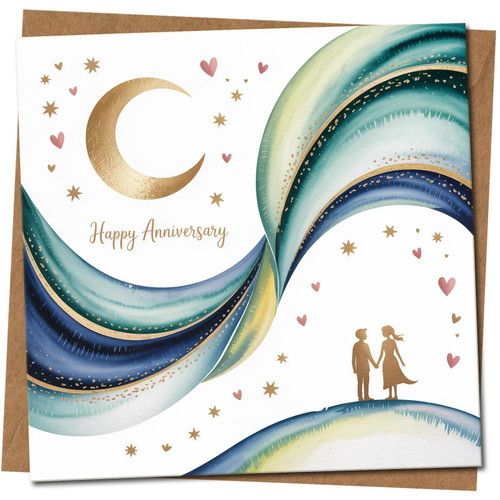 Happy Anniversary Card 145mm x 145mm - Romantic Moon, Stars & Hearts, Includes Kraft Envelope