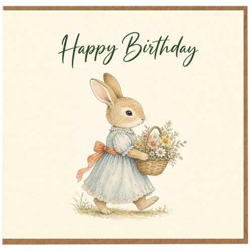 Birthday Card, Rabbit with Flowers Illustrated Card