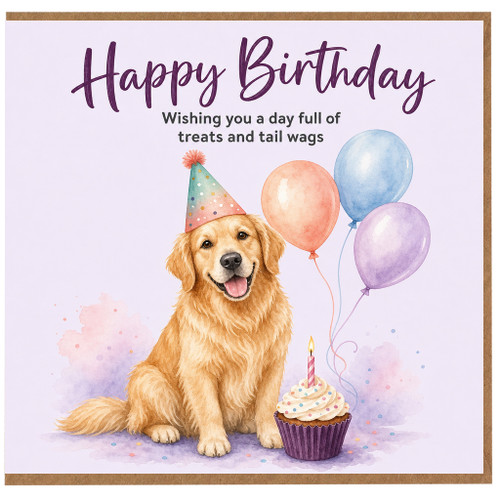 Birthday Card, Happy Birthday Card with Golden Retriever and Balloons