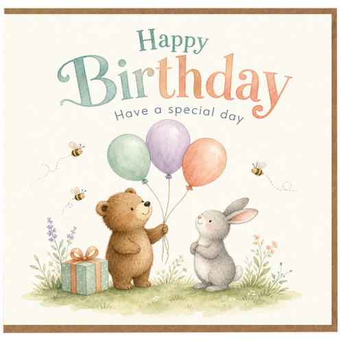 Birthday Card, Happy Birthday Have a Special Day Card with Bear and Rabbit Balloons