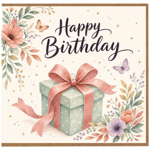 Birthday Card, Floral Gift Box Birthday Card