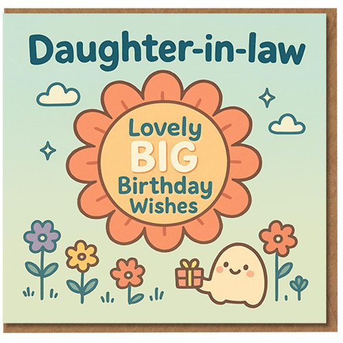 Daughter-in-law Birthday Card - Lovely BIG Birthday Wishes - Cute Pastel Flowers and Gift-Holding Character