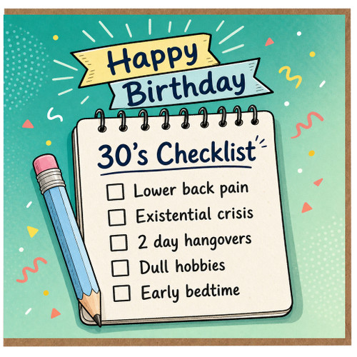 30th Birthday Card, Funny 30's Checklist Birthday Card