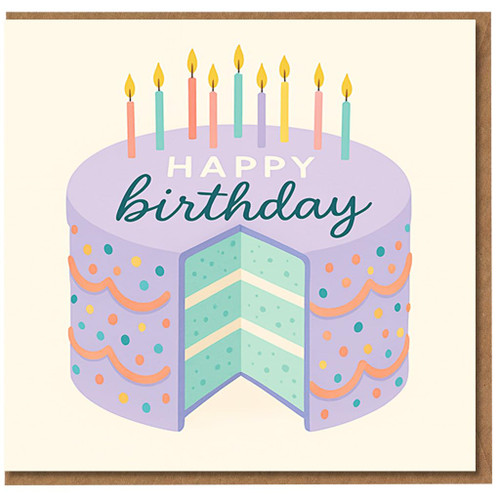 Birthday Card - Cute Pastel Cake with Candles Illustration, 'Happy Birthday' Text, Colourful Confetti Icing, Fun Celebration Design for Anyone
