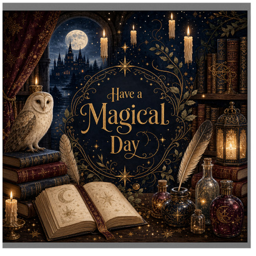 Birthday Card, Fantasy Owl and Moonlit Castle Design