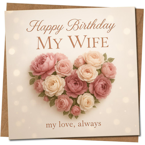 Wife Birthday Card - Happy Birthday My Wife, Floral Heart Roses, 'my love, always' - Square Greeting Card 145mm x 145mm - Premium Quality, Includes Kraft Envelope