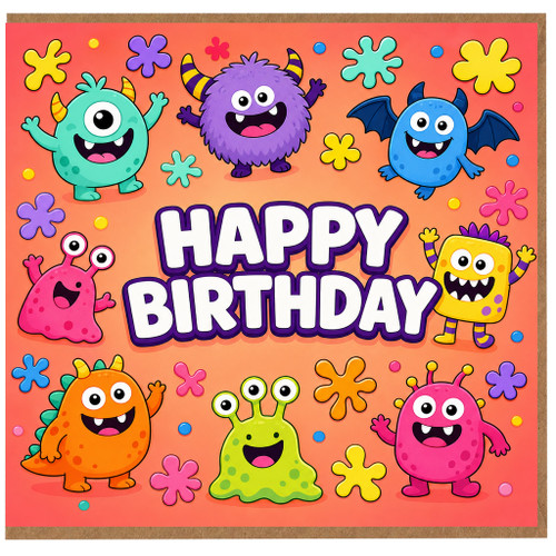 Birthday Card, Cute Cartoon Monsters Kids Birthday Card