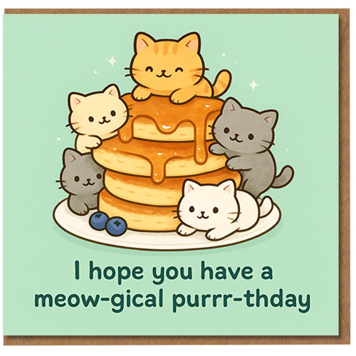 Meow-gical Purrr-thday Pancake Cats Birthday Card - Cute Kittens and Syrup Stack Pun for Cat Lovers