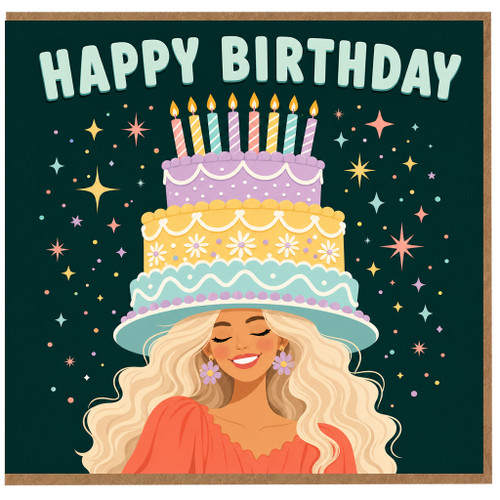 Birthday Card, Happy Birthday Card with Cake Hat Illustration