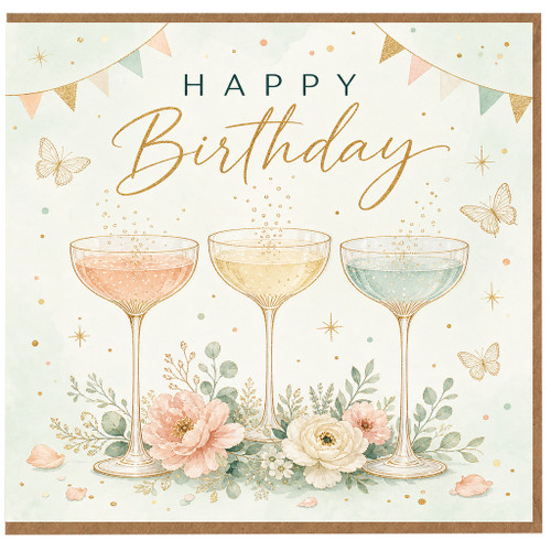 Birthday Card, Elegant Happy Birthday Floral Champagne Glasses Card