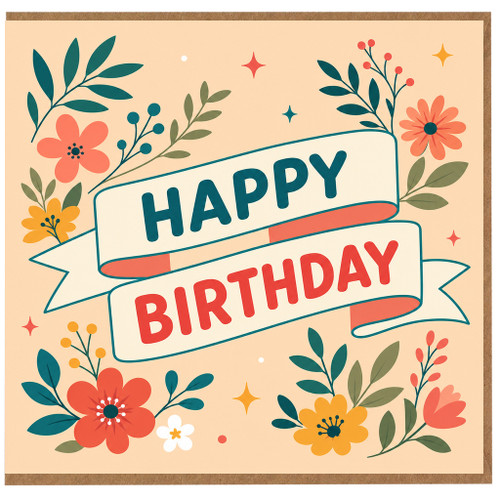 Birthday Card, Happy Birthday Floral Banner Card