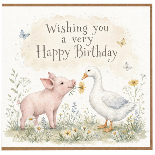 Birthday Card, Cute Pig and Goose Floral Watercolour Birthday Card