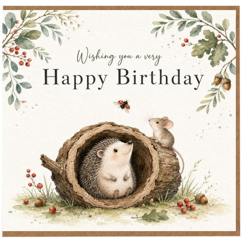 Birthday Card, Cute Woodland Hedgehog and Mouse Greeting Card