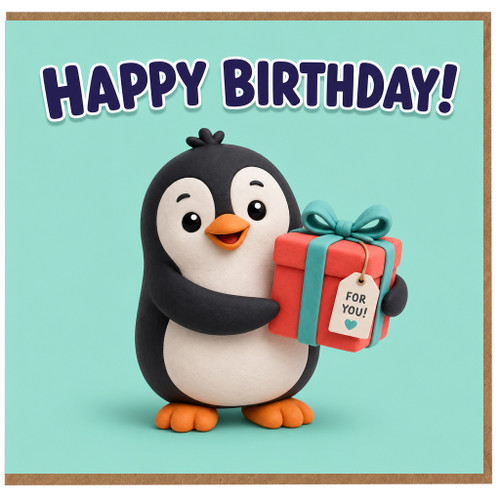Birthday Card, Cute Penguin Holding Gift