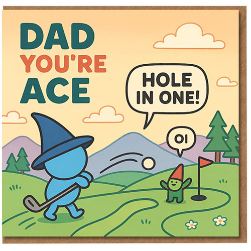 Dad You're Ace Golf Father's Day Card - Funny Wizard Golfer and Gnome 'Hole in One' Cartoon, Birthday Card for Dad