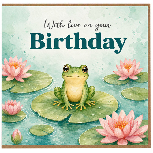 Birthday Card, Cute Frog and Water Lily Design