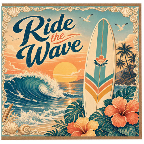 Birthday Card, Ride the Wave Retro Beach Surf Greeting Card