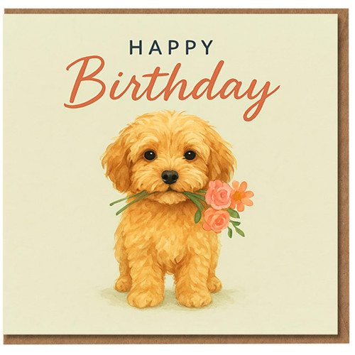 Happy Birthday Card - Cute Puppy with Flowers Illustration, Dog Lovers Birthday Card for Her or Him, Adorable Dog Holding Bouquet on Pastel Background