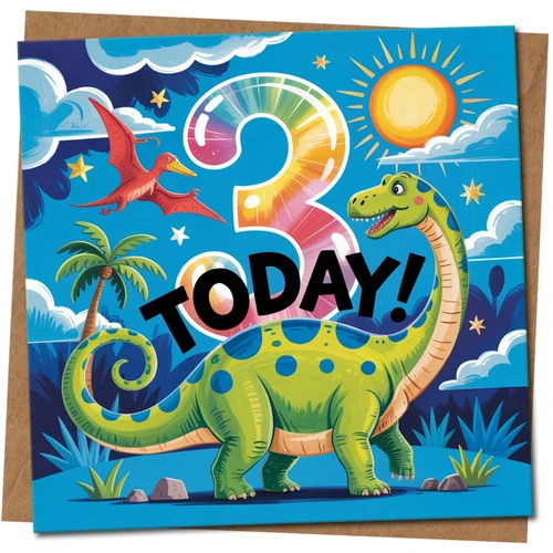 Dinosaur 3rd Birthday Card for Kids - '3 Today' Bright Colourful Design, Cute Sauropod & Pterodactyl, Square 145mm x 145mm - Fun Children's Age 3 Card for Boy or Girl, Includes Kraft Envelope