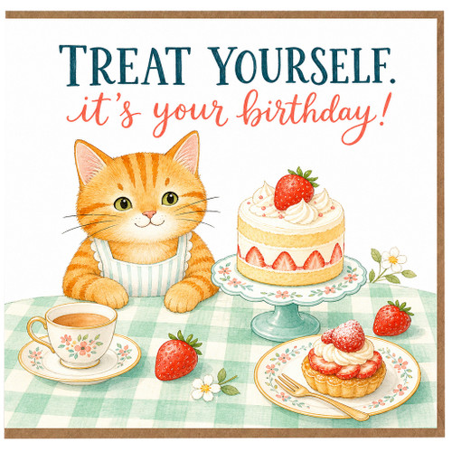 Birthday Card, Cute Kitten Birthday Card With Strawberry Cake and Treat Yourself Message