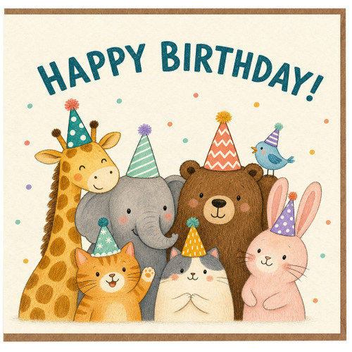 Birthday Card, Cute Animal Happy Birthday Card, Party Hat Birthday Card