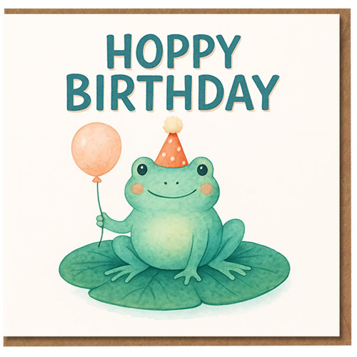 Hoppy Birthday Frog Card - Cute Pun Design with Party Hat and Balloon on Lily Pad - Funny Birthday Card for Kids, Friends and Frog Lovers