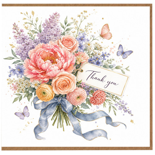 Birthday Card, Floral Bouquet Design with Butterflies