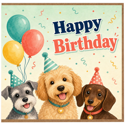Birthday Card, with Cute Dogs and Balloons