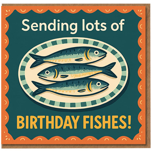 Funny Birthday Card - Sending Lots of Birthday Fishes Pun with Three Sardines Illustration - Humorous Fish Lover Card for Friends, Family, Him or Her