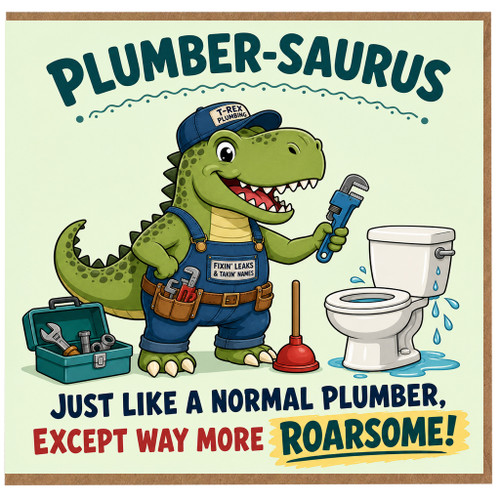 Birthday Card, Funny T - Rex Plumbing Card, Roarsome Dinosaur Greeting Card