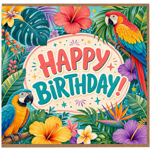 Birthday Card, Tropical Parrot and Jungle Flowers Design