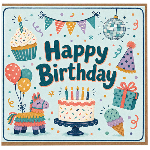Birthday Card, Fun Party Birthday Greeting Card with Cake, Balloons and Festive Illustrations