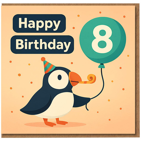 8th Birthday Card for Children - Cute Puffin Party Design with Number 8 Balloon and Happy Birthday Message