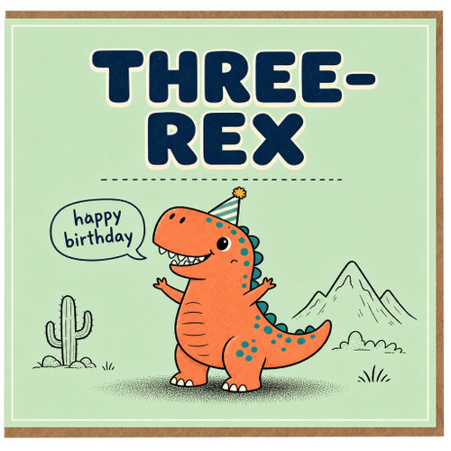 3rd Birthday Card, Three - Rex Dinosaur Birthday Card