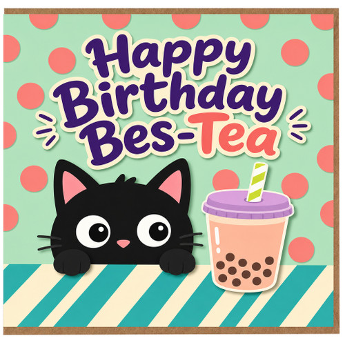 Birthday Card, Cute Cat and Bubble Tea Bes - Tea Card