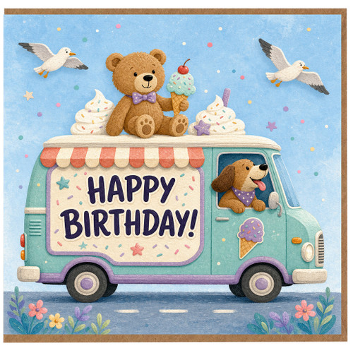 Birthday Card, Cute Teddy Bear Ice Cream Van Happy Birthday Card