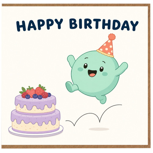 Birthday Card, Cute Happy Birthday Card with Party Character and Cake