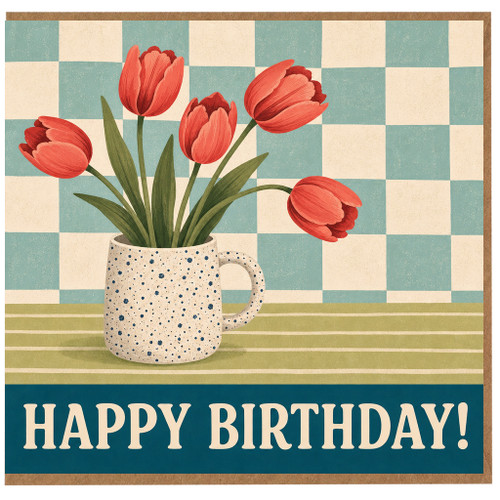 Birthday Card, Happy Birthday Tulips in Mug Illustration