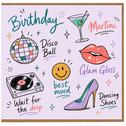 Birthday Card, Disco Ball Martini Glam Gloss Dancing Shoes Card
