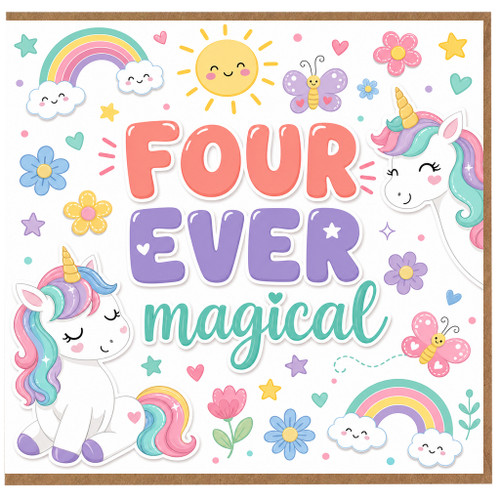 4th Birthday Card, Four Ever Magical Unicorn Birthday Card