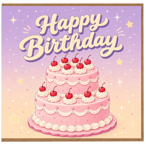 Birthday Card, Pink Cake and Cherry Design Birthday Greeting Card