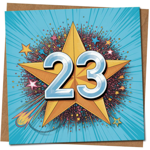 23rd Birthday Card - Big Gold Star Pop Art Design on Blue, Square 145mm x 145mm, Includes Kraft Envelope