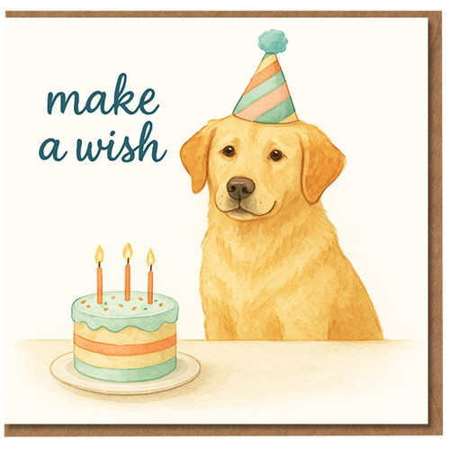 Make a Wish Dog Birthday Card - Cute Golden Retriever in Party Hat with Cake and Candles