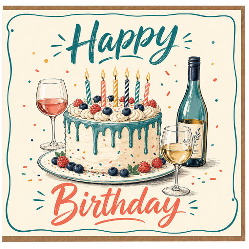 Birthday Card, Happy Birthday Wine and Cake Celebration Card