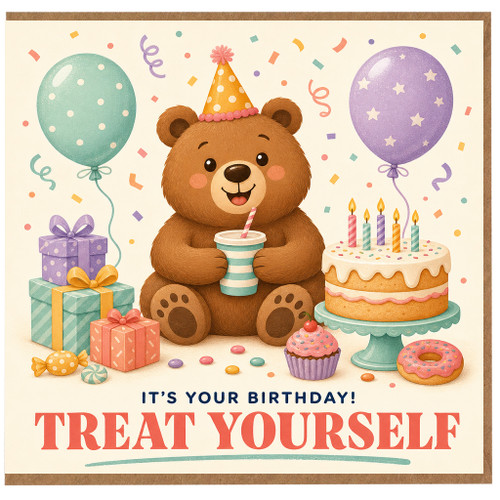 Birthday Card, Cute Teddy Bear Party Card, It's Your Birthday Treat Yourself