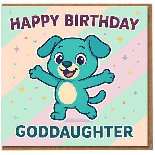 Happy Birthday Goddaughter Card - Cute Puppy Dog with Pastel Stars - Fun Kids Birthday Card from Godparents