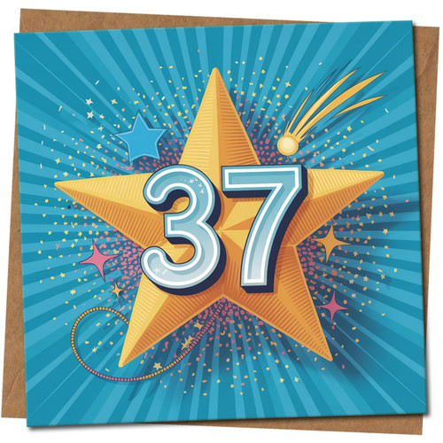 37th Birthday Card - Star Celebration Design, Blue, Age 37 - Square Greeting Card 145mm x 145mm, Includes Kraft Envelope