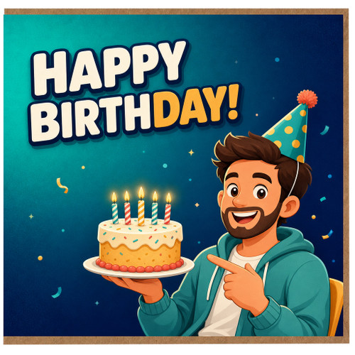 Birthday Card, with Cartoon Man and Cake
